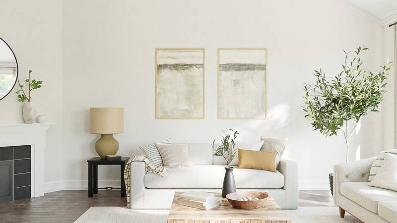 A bright living room with freshly painted white walls. Reference photograph.