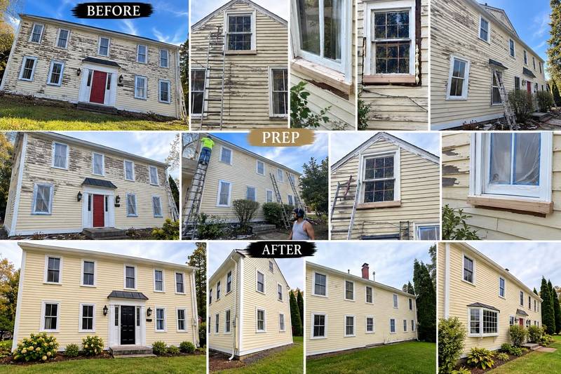 A collage of one colonial before, during preparation and after painting.