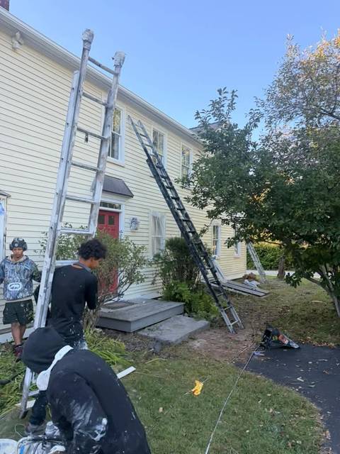 Painters at the front of the house with two ladders set up.