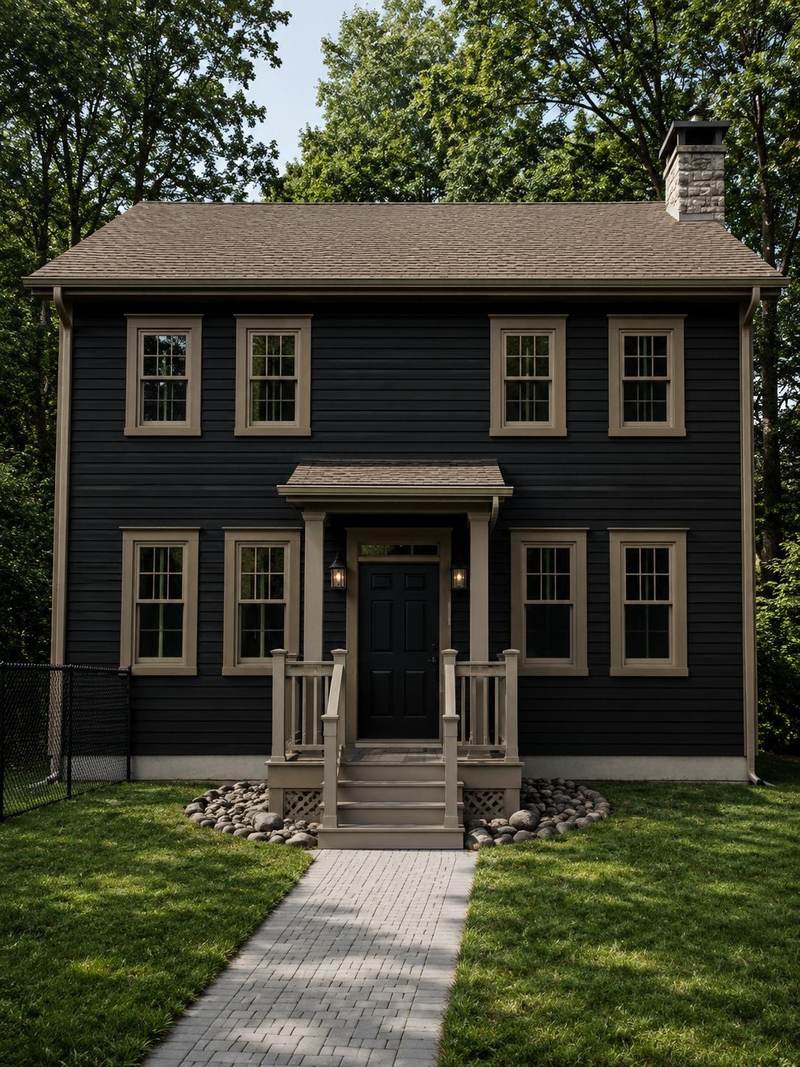 A colonial house in dark navy with tan trim and a white front stoop, seen from the walkway.
